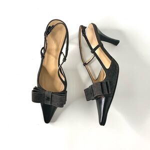 Chanel CC Retro Vintage Lagerfeld Bow Black Denim Slingback Pointed Toe Pumps 35